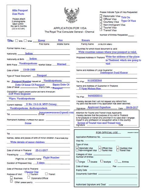 thailand visa application form filled sample
