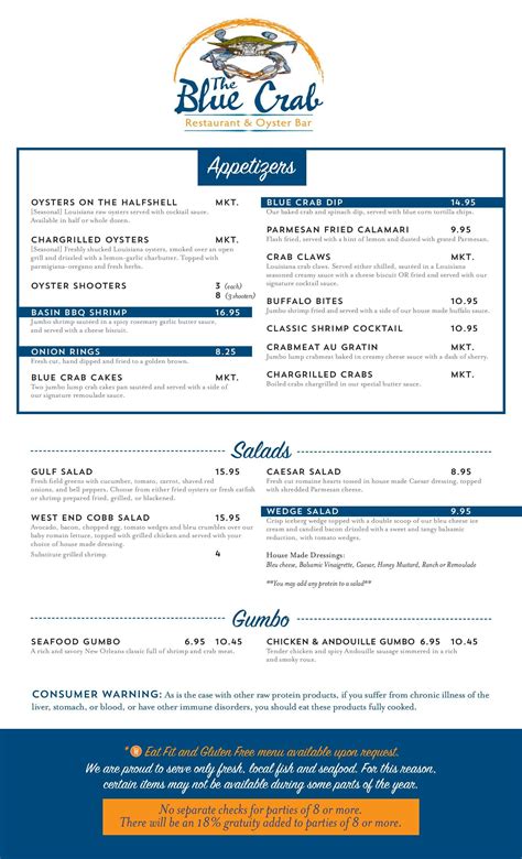 the blue crab restaurant and oyster bar menu