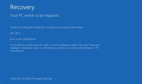 the boot configuration data file is missing some required information windows 10