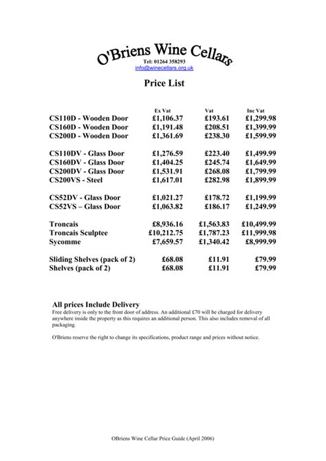 the cellar price list