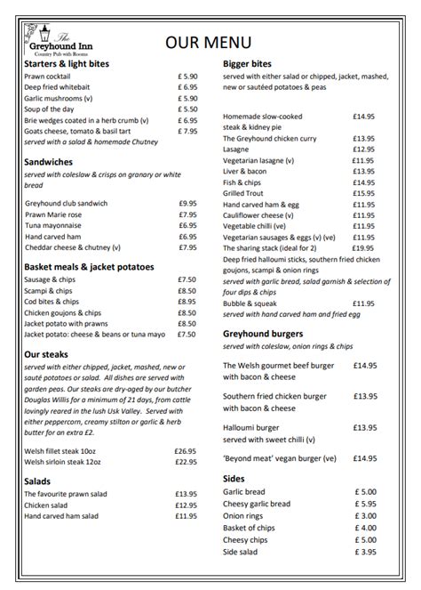 the greyhound hotel shap menu