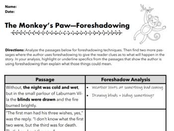 the monkey's paw foreshadowing worksheet