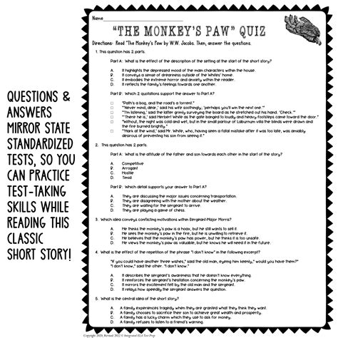 "The Monkey's Paw" by W.W. Jacobs Quiz & Key Teaching Resources