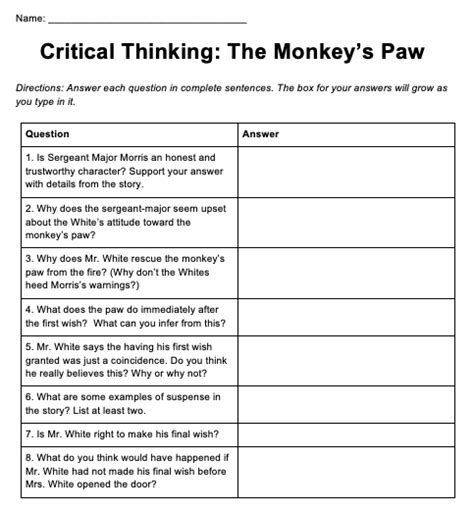 the monkey's paw questions worksheet