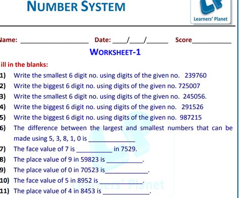 the number system worksheet pdf