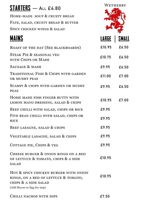 the red lion menu prices