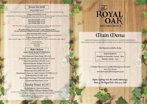 the royal oak bromsgrove menu