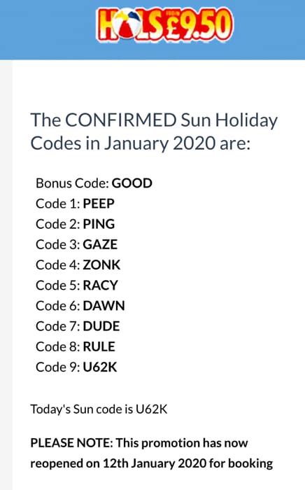 the sun holidays code words feb 2024