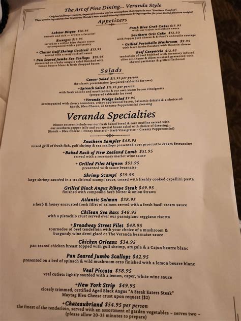 the veranda menu with prices