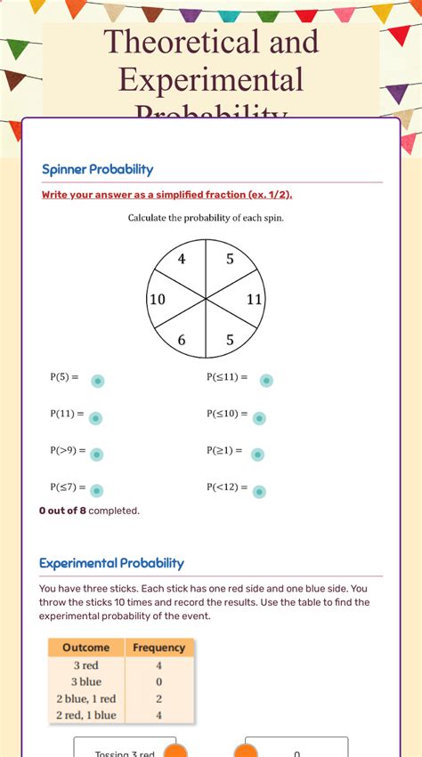 theoretical and experimental probability worksheet answer key