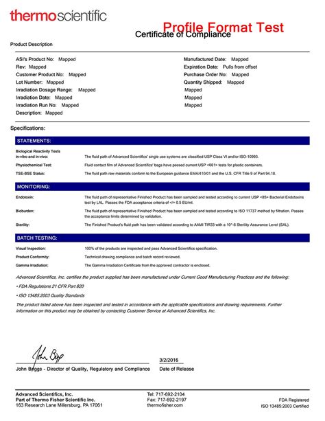 thermo fisher certificate of analysis