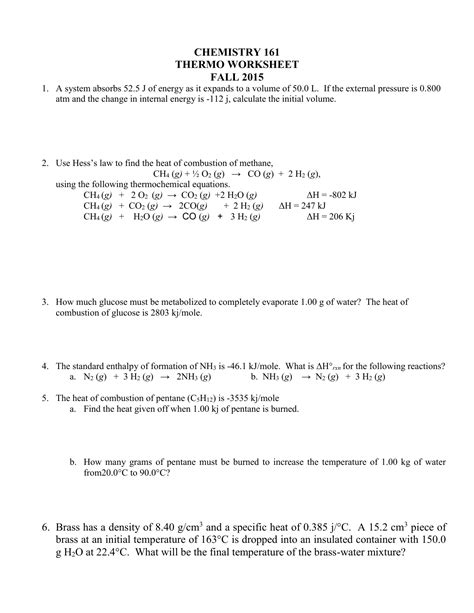 Thermochemistry And Thermodynamics Worksheet 2 Answers In 2023