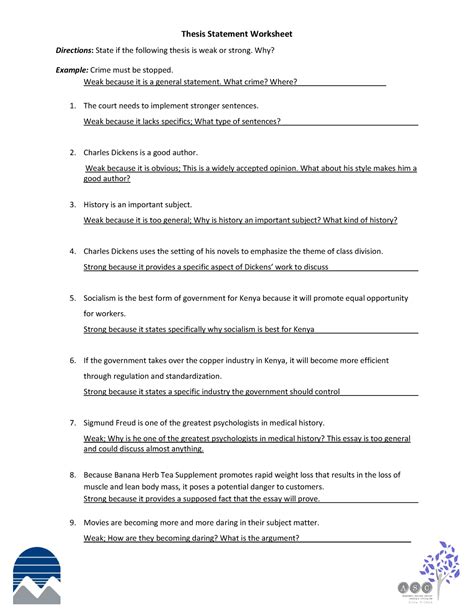 thesis statement practice worksheet answer key