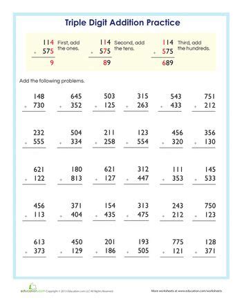 Third Grade Math Worksheets Triple Digit Addition