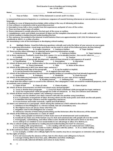 Third Quarter Exam In Reading And Writing Skills