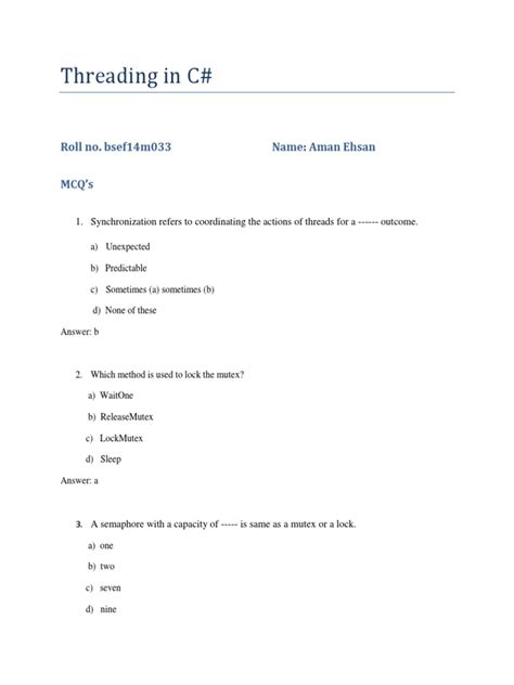 Threading In C# Mcq