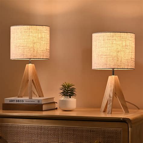 Bedside Wooden Nightstand Table Lamp with Oval Base and Fabric Shade