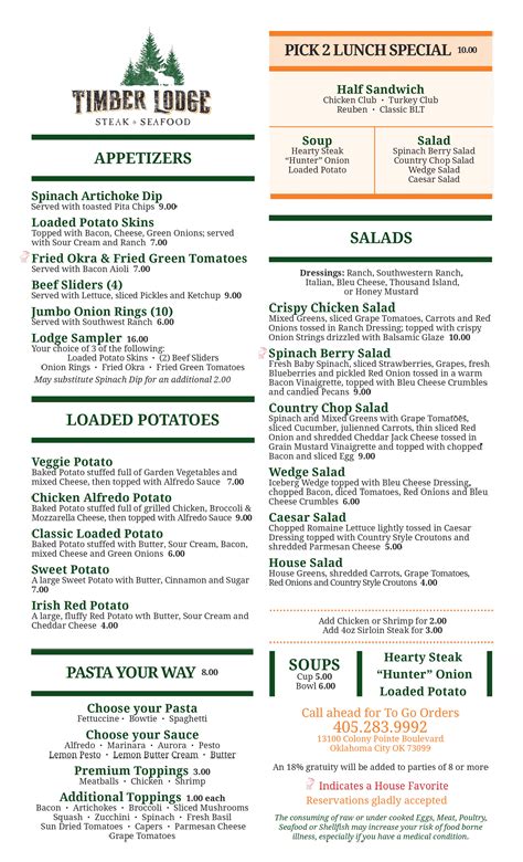 timberlake lodge restaurant menu
