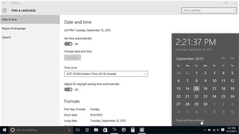 time and date settings windows 10