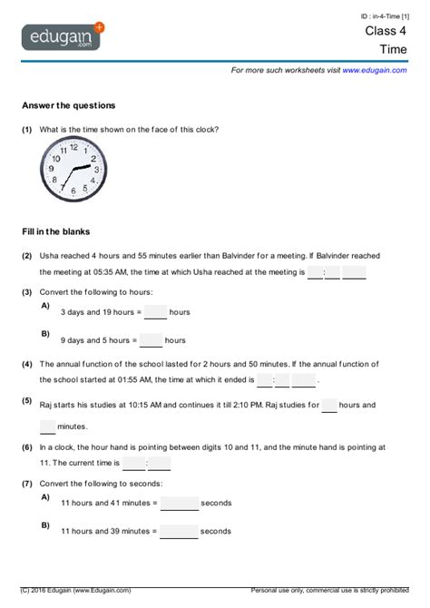 Time Chapter In Maths For Class 4 Worksheet