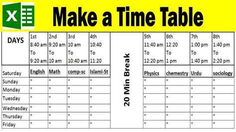 time table in excel formula