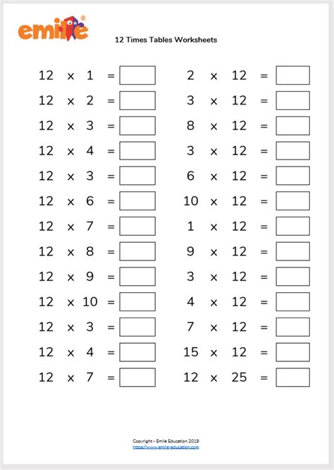 times tables worksheets up to 12