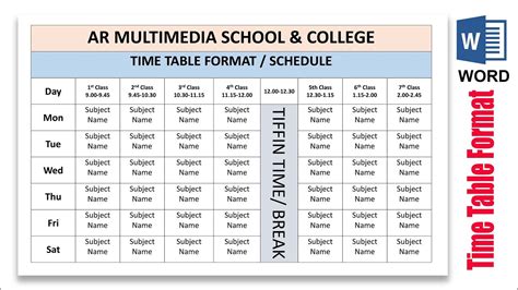 timetable format for school in word