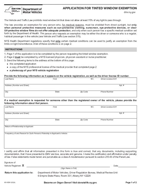 Form MV80W Application for Tinted Window Exemption New York Free