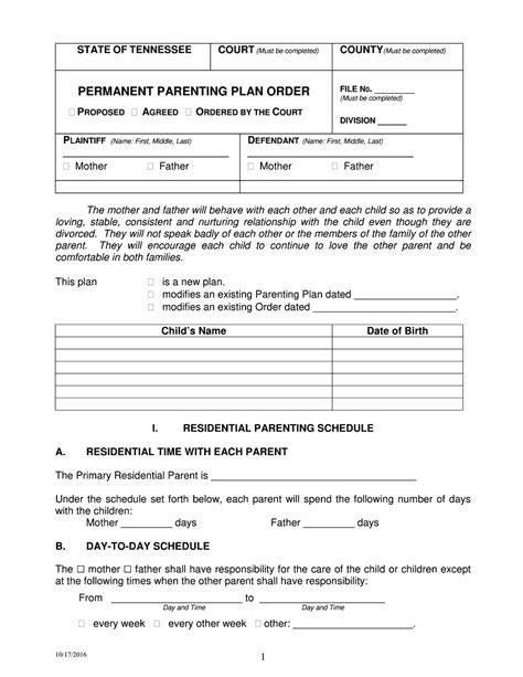 Sample Permanent Parenting Plan Order Tennessee Free Download