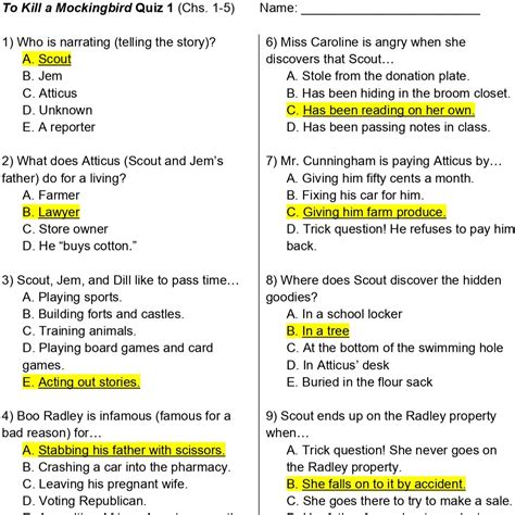 To Kill a Mockingbird Quiz Chapters 1920 Teaching Resources