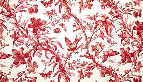 A red toile with birds, butterflies, and passion flowers