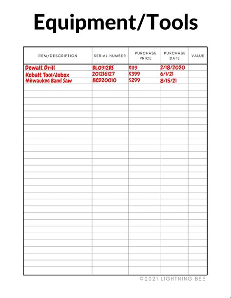 Tools And Equipment List Template