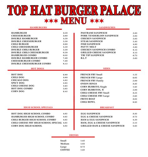 Top Hat Menu Prices