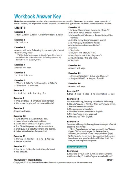 Top Notch 1 Second Edition Workbook Answer Key