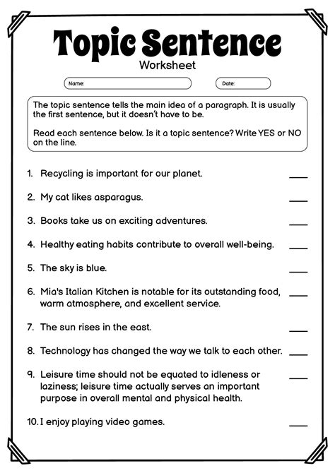 Topic Sentence Printable Worksheet