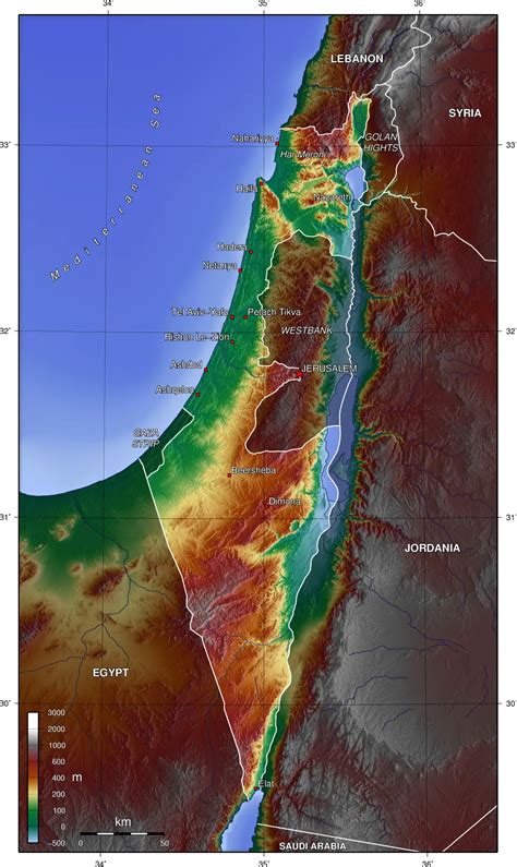 The topographic background of central Israel based on Hall (1993) and