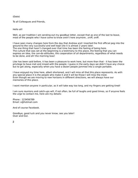 Touching Farewell Letter To Colleagues Template Business