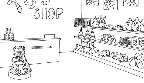 Toy shop graphic black white interior sketch illustration