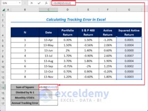 tracking error formula excel