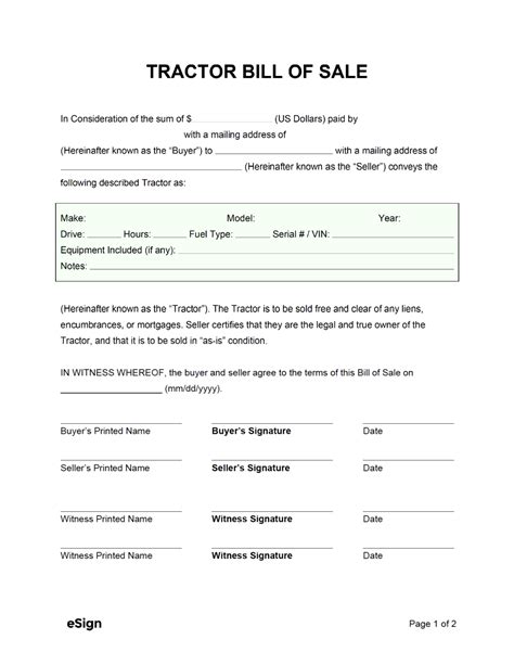 Free Tractor Bill of Sale Form PDF Word