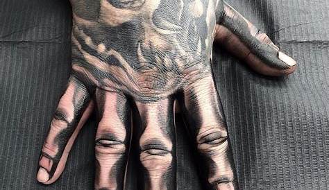 Traditional Skeleton Hand Tattoo Color With Palm Tree And Sun