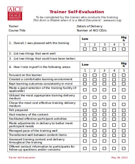 trainer evaluation form questions