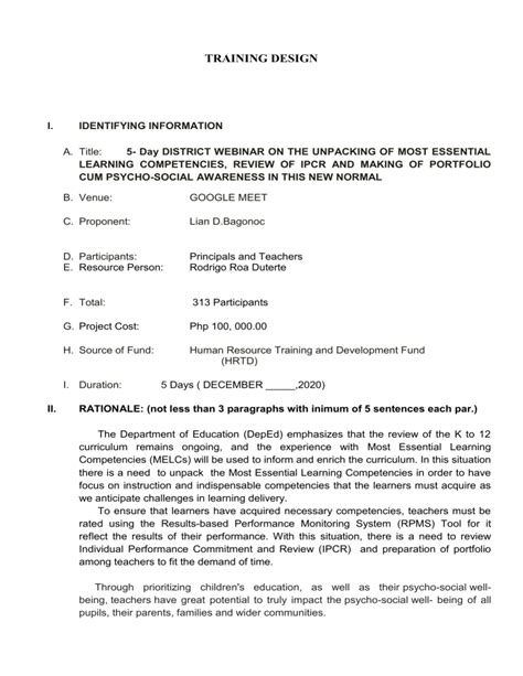 Training Design Example Format