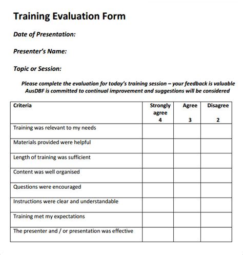 training evaluation sheet examples