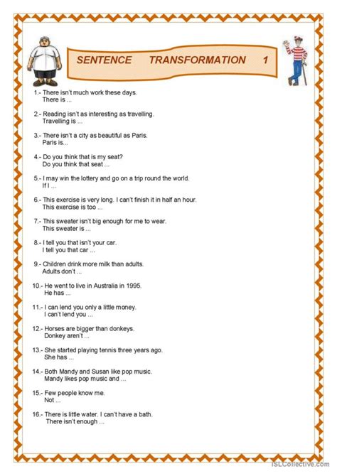 transformation of sentences exercises for class 8 with answers