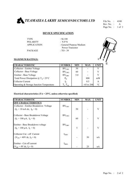 Transistor Sl100 Datasheet