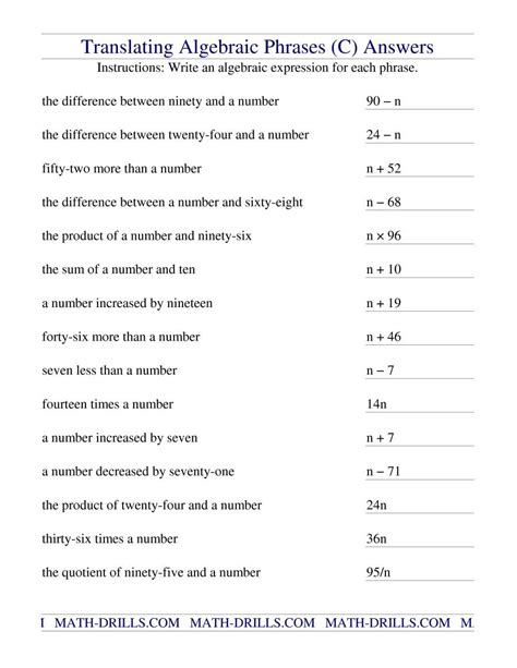 translating algebraic expressions worksheet answer key