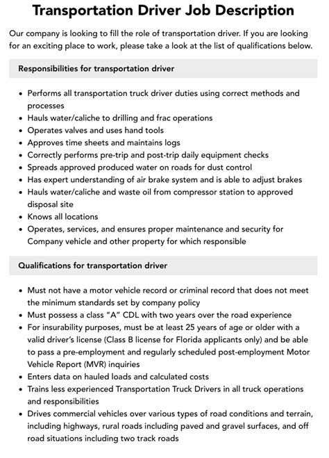 Transportation Job Examples