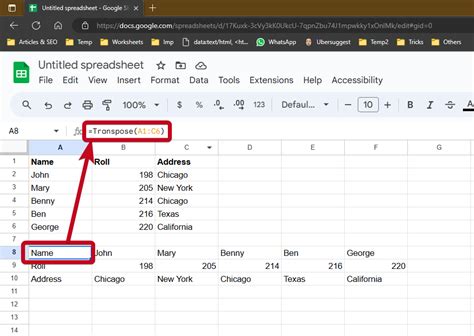 transpose rows and columns in google sheets