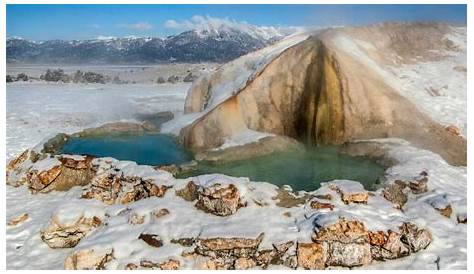 Shop "Travertine Hot Springs with snowcapped mountains in